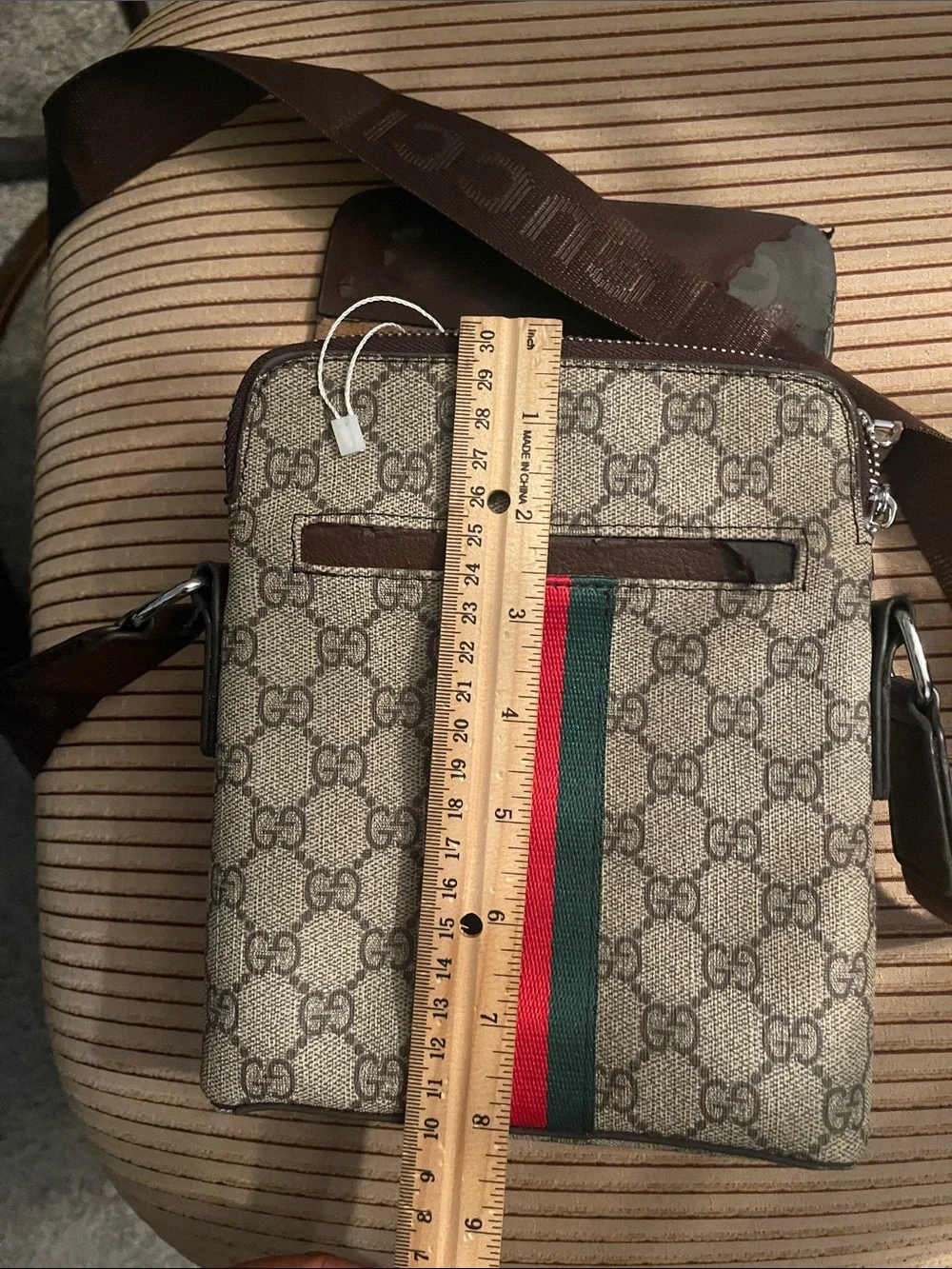 Gucci Brown GG Supreme Messenger Bag with Red-Blue Web Stripe